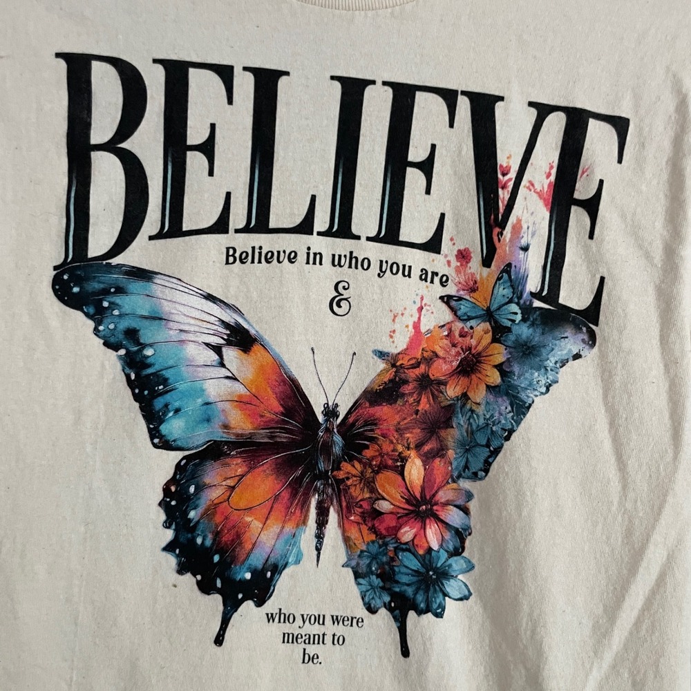 Believe Butterfly Graphic Tee Small Cream Cottagecore Boho T-Shirt